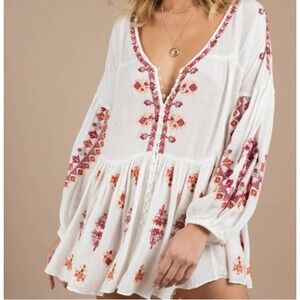 Free People Women Embroidered Peasant Mini Tunic‎ Dress Sz S White Boho Flowy